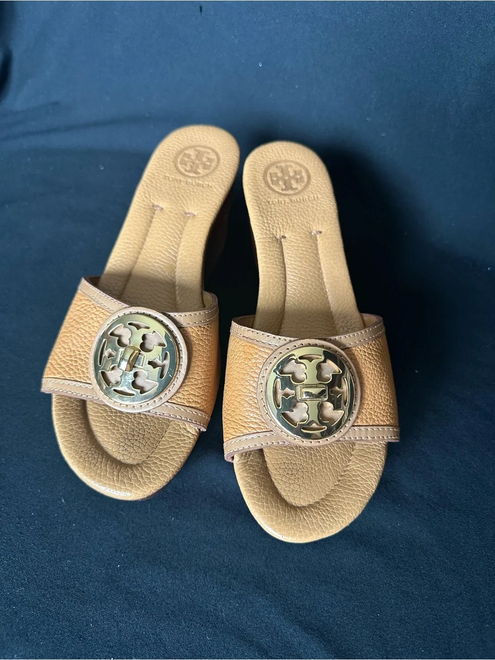 Tory Burch brown Tan Leather Brown Wedge Slide Mules with Gold Logo 8 sandals